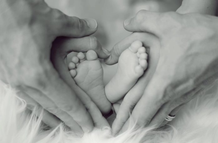 grayscale-photo-of-baby-feet-with-father-and-mother-hands-in-heart-signs