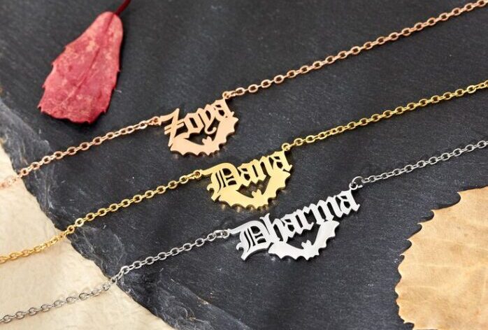 Personalized Minimalist Gothic Bat Name Necklace