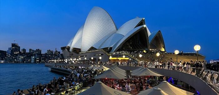 Night view of the Opera House sails from the Opera Bar